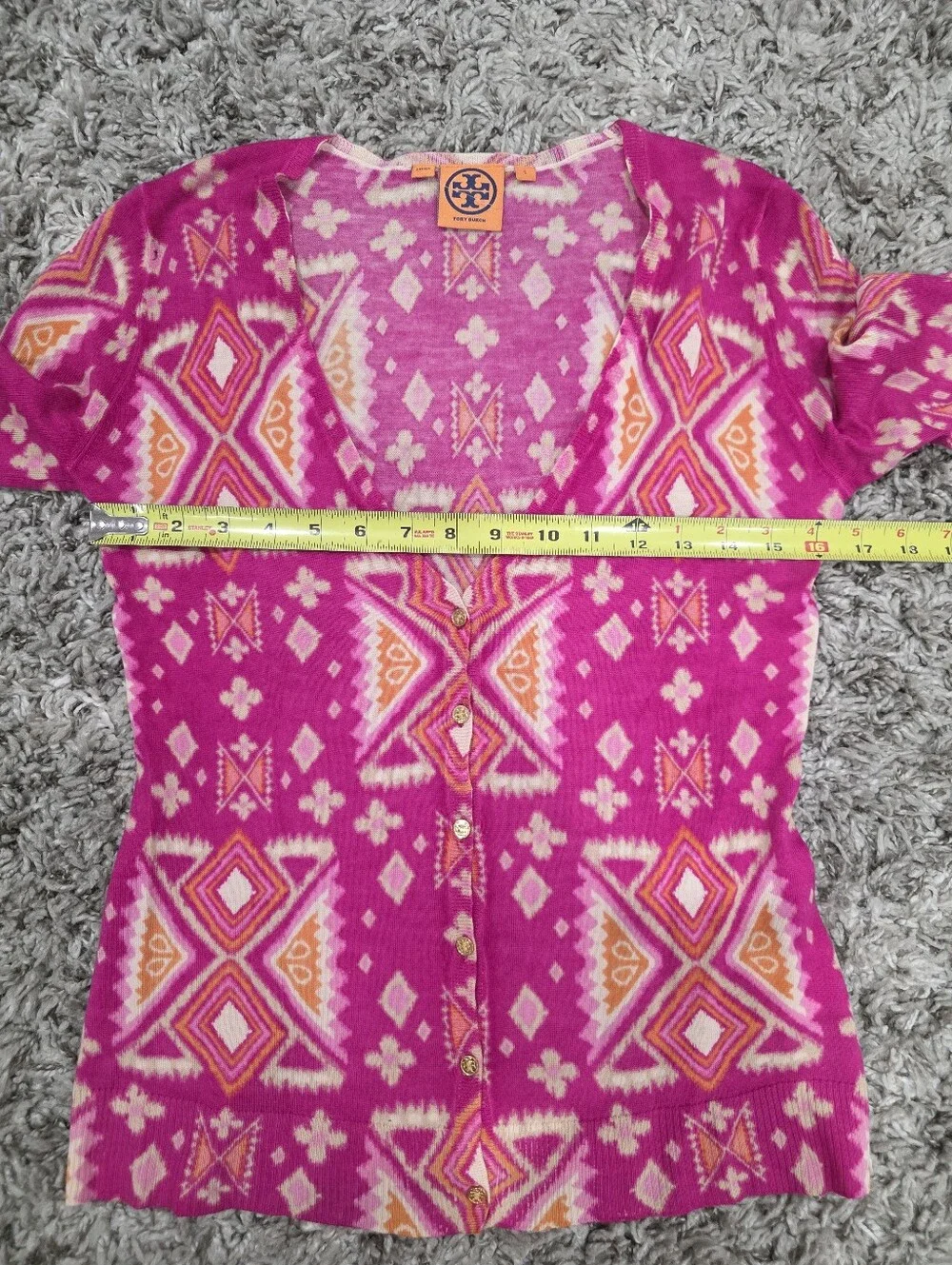 Tory Burch 100% Merino Wool Pink Print Cardigan Sweater Size Small